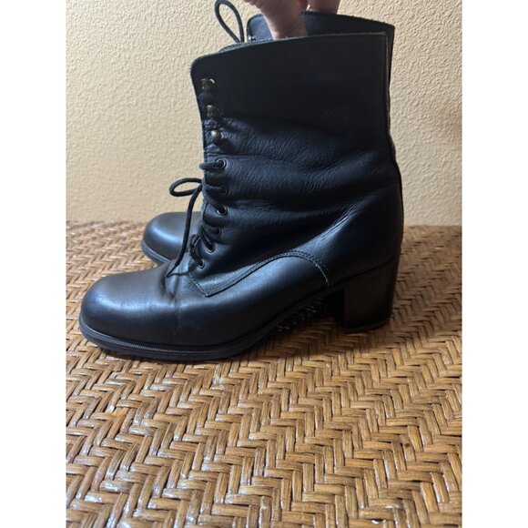 Vintage LA Canadienne Leather Lace-Up Ankle Boots With Block Heel Black Size 9.5 - Picture 2 of 11